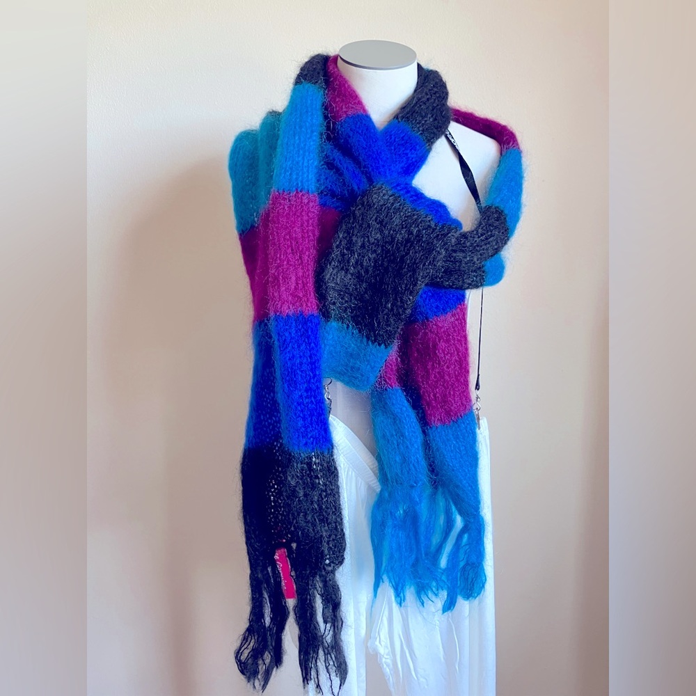 New Rose Carmine Colorful Striped Mohair Knit Scarf